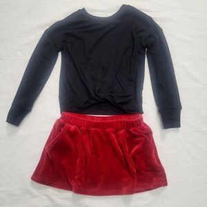 Red Velvet Mini Skirt And Black Long-Sleeve Knotted Top, Size 2T